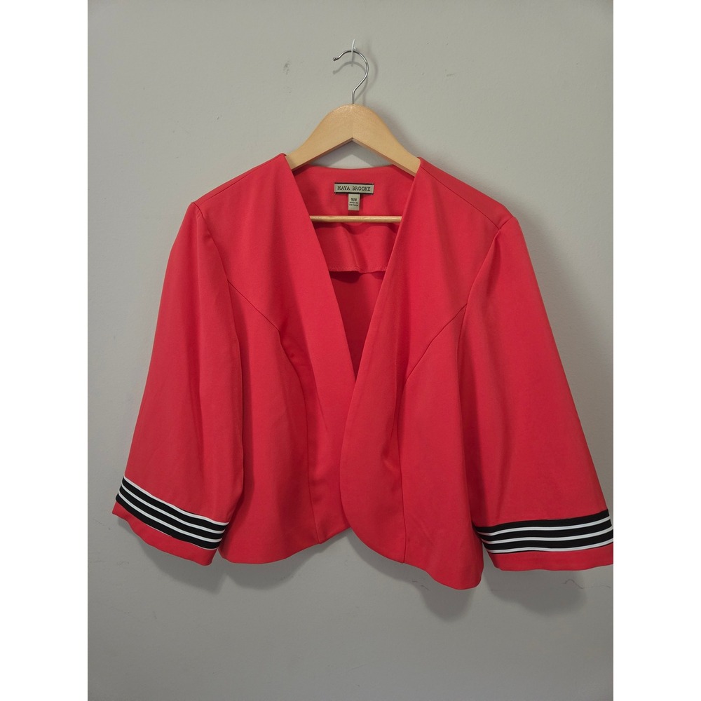 Maya Brooke Coral Red Open Front Bolero Jacket Striped Cuff 16W Womens Blazer